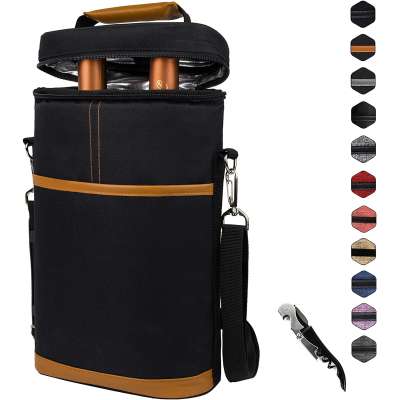 Insulated 2 Bottle Wine Carring Cooler Tote Bag with Shoulder Strap and Corkscrew Opener