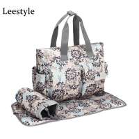 Popular Flower Designer Durable Nylon Baby Diaper Tote Bags With Changing Mat and Bottle Holder