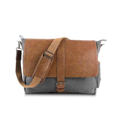 Canvas Laptop Messenger Bag Genuine Leather Crossbody School Bag For Men